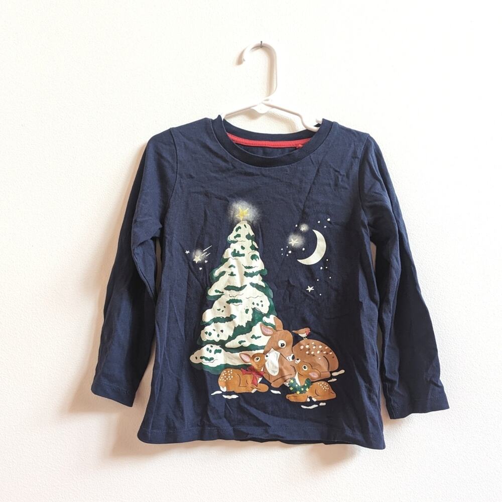 Mini Boden Shirt Kids Sz 4-5y Navy Christmas Deer Tree Glow In The Dark Novelty